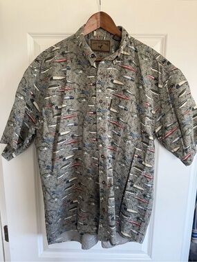 North River Men's Short-Sleeve Button-Up Shirt - Gray with Fish Lure Print